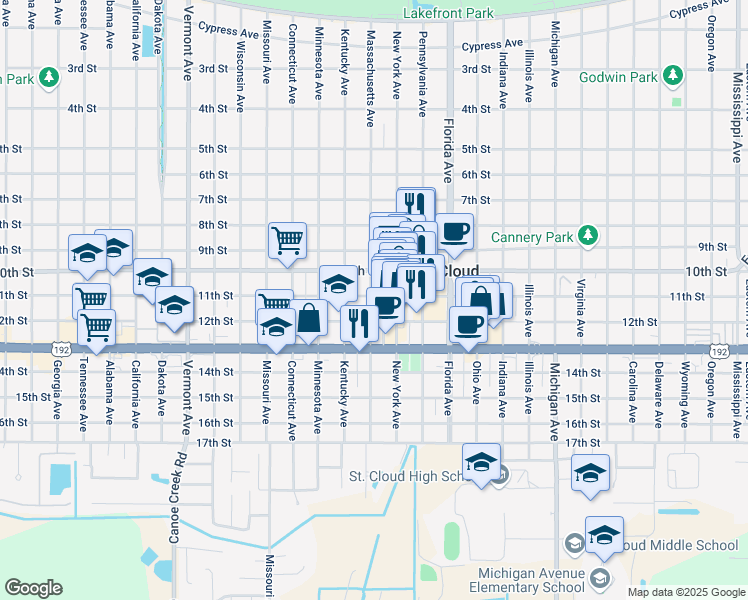 map of restaurants, bars, coffee shops, grocery stores, and more near 1101 Massachusetts Avenue in St. Cloud