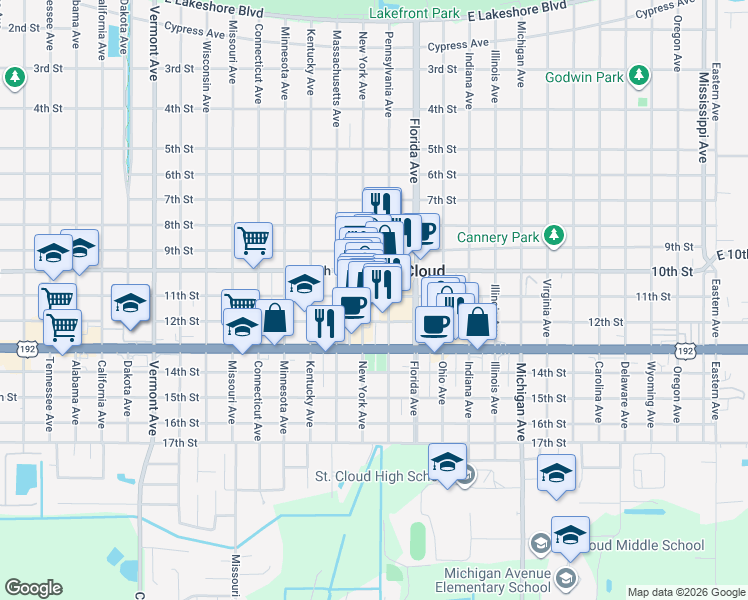 map of restaurants, bars, coffee shops, grocery stores, and more near 1215 11th Street in St. Cloud