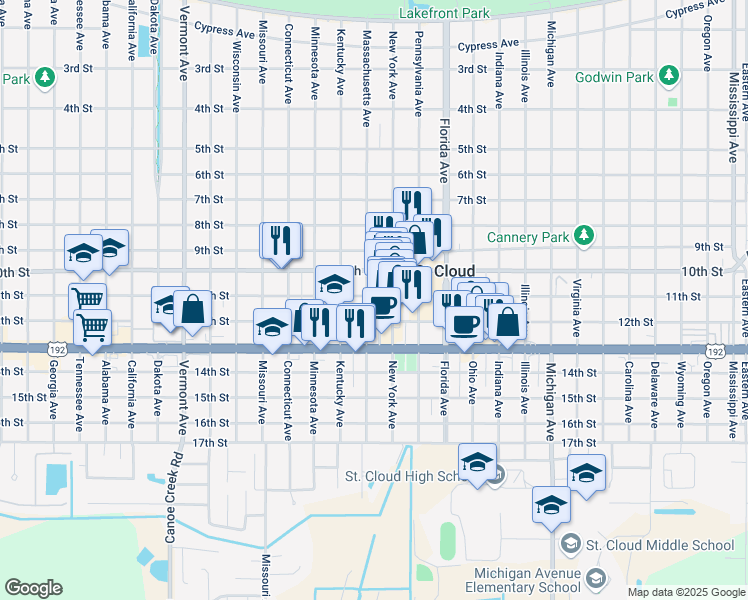 map of restaurants, bars, coffee shops, grocery stores, and more near 1101 Massachusetts Avenue in St. Cloud