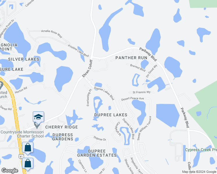 map of restaurants, bars, coffee shops, grocery stores, and more near 6225 Dainty Bess Court in Land O' Lakes