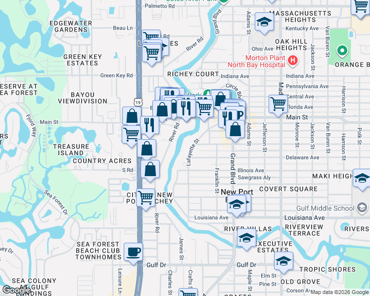map of restaurants, bars, coffee shops, grocery stores, and more near 6123 Lafayette Street in New Port Richey
