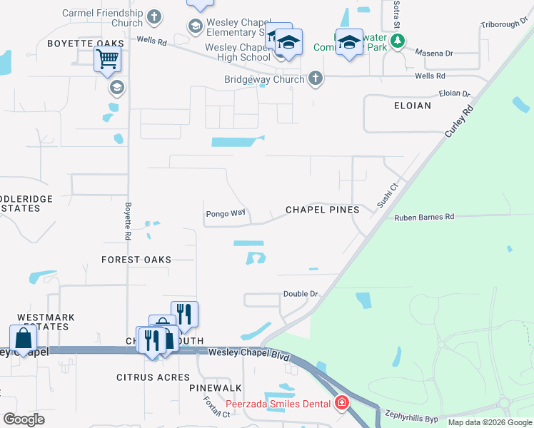 map of restaurants, bars, coffee shops, grocery stores, and more near 6237 Perdita Court in Wesley Chapel