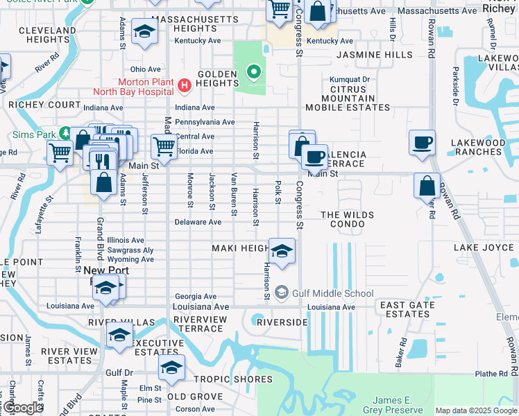 map of restaurants, bars, coffee shops, grocery stores, and more near 6322 Montana Avenue in New Port Richey
