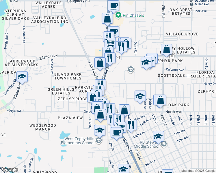 map of restaurants, bars, coffee shops, grocery stores, and more near 6220 Gall Boulevard in Zephyrhills