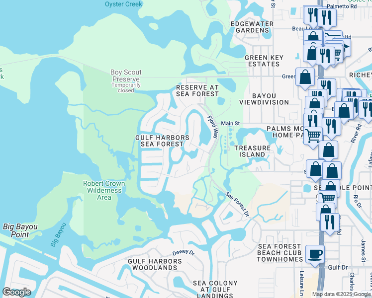 map of restaurants, bars, coffee shops, grocery stores, and more near 6115 Bayside Drive in Port Richey