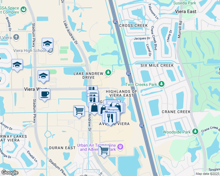 map of restaurants, bars, coffee shops, grocery stores, and more near 2199 Judge Fran Jamieson Way in Melbourne