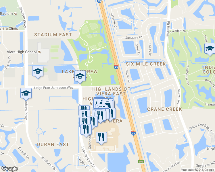 map of restaurants, bars, coffee shops, grocery stores, and more near 2174 Judge Fran Jamieson Way in Melbourne
