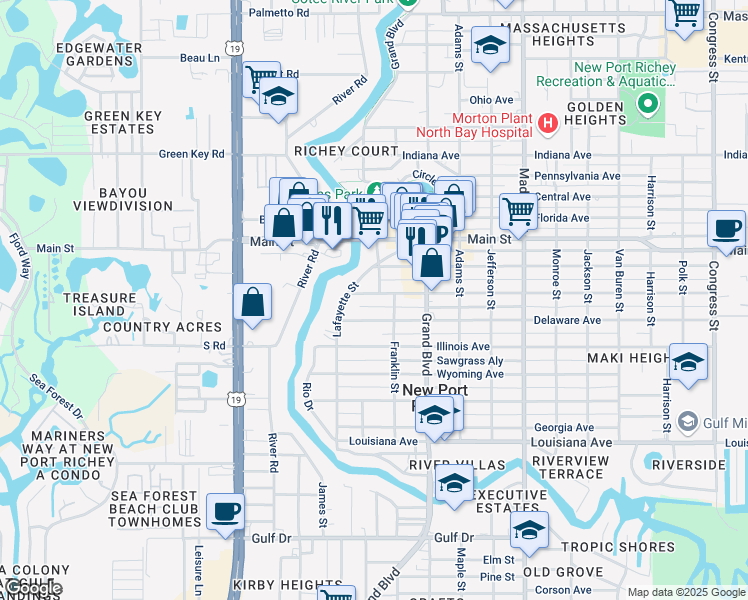 map of restaurants, bars, coffee shops, grocery stores, and more near 5600 Montana Avenue in New Port Richey