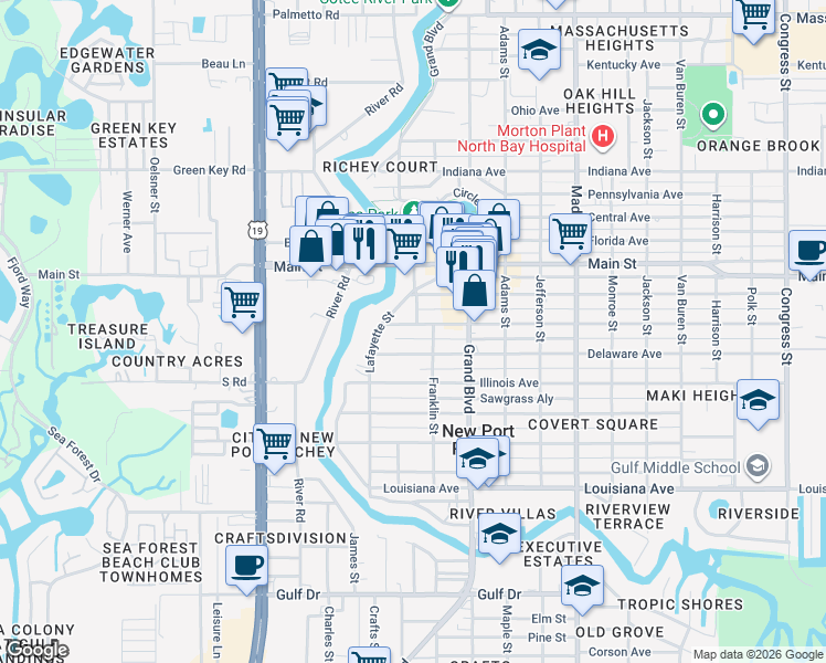 map of restaurants, bars, coffee shops, grocery stores, and more near 5600 Montana Avenue in New Port Richey