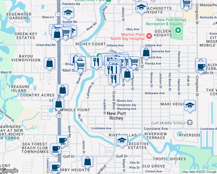 map of restaurants, bars, coffee shops, grocery stores, and more near 5650 Montana Avenue in New Port Richey