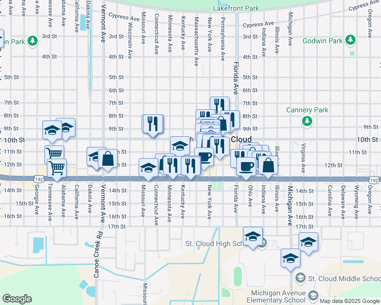 map of restaurants, bars, coffee shops, grocery stores, and more near 1407 11th Street in Saint Cloud