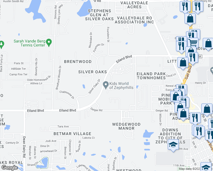 map of restaurants, bars, coffee shops, grocery stores, and more near 6215 Abbott Station Drive in Zephyrhills