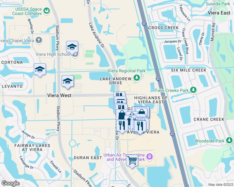map of restaurants, bars, coffee shops, grocery stores, and more near 2300 Judge Fran Jamieson Way in Viera
