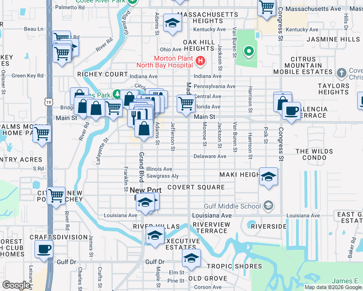 map of restaurants, bars, coffee shops, grocery stores, and more near 5930 Montana Avenue in Port Richey