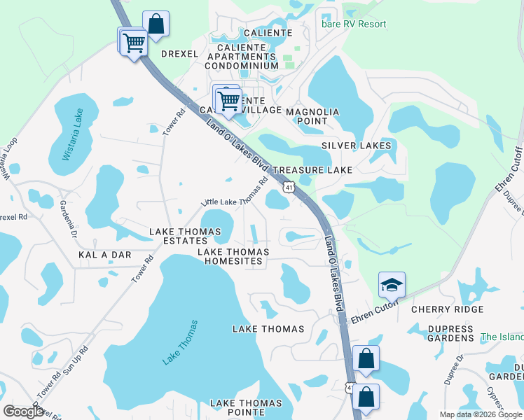map of restaurants, bars, coffee shops, grocery stores, and more near 21121 Little Lake Thomas Road in Land O' Lakes