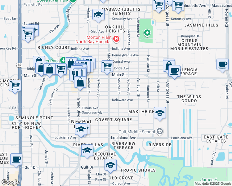 map of restaurants, bars, coffee shops, grocery stores, and more near 6032 Montana Avenue in New Port Richey