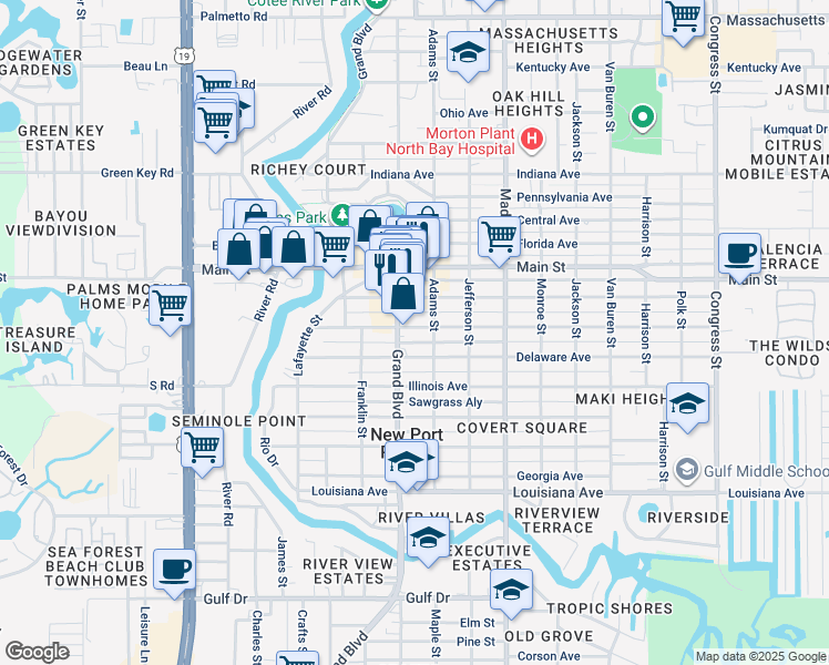 map of restaurants, bars, coffee shops, grocery stores, and more near 5740 Montana Avenue in Port Richey