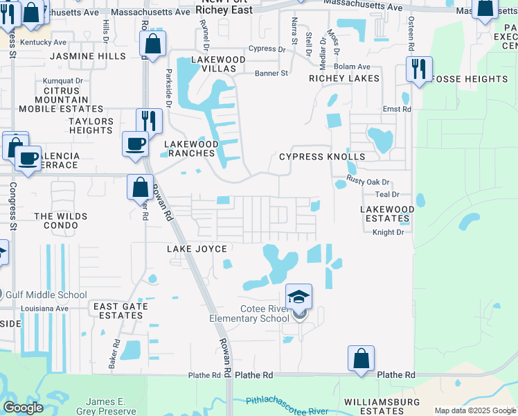 map of restaurants, bars, coffee shops, grocery stores, and more near 6141 Saragossa Avenue in New Port Richey