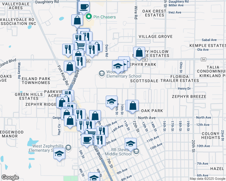 map of restaurants, bars, coffee shops, grocery stores, and more near 38300 Henry Drive in Zephyrhills