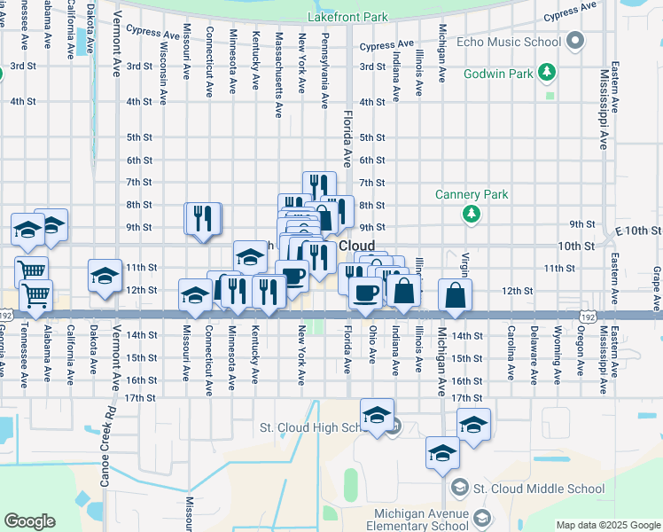 map of restaurants, bars, coffee shops, grocery stores, and more near 1118 11th Street in St. Cloud