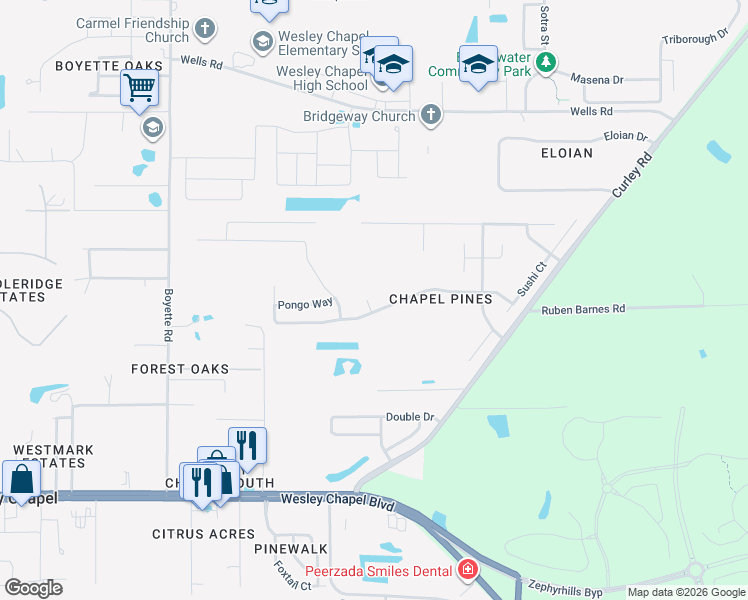 map of restaurants, bars, coffee shops, grocery stores, and more near 6240 Perdita Court in Wesley Chapel