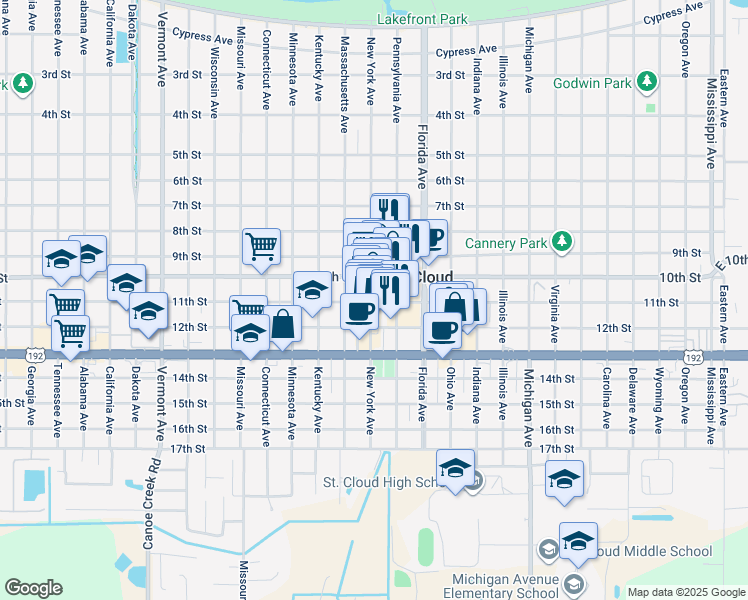 map of restaurants, bars, coffee shops, grocery stores, and more near 1037 New York Avenue in St. Cloud