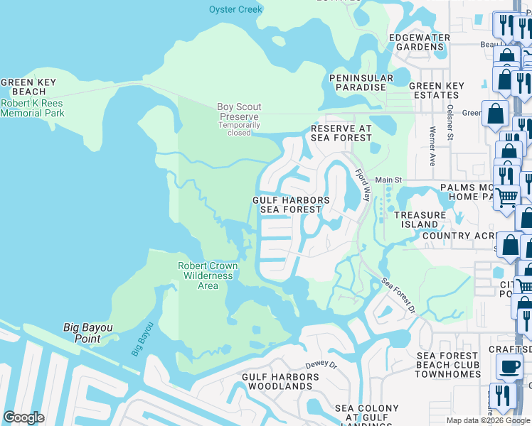 map of restaurants, bars, coffee shops, grocery stores, and more near 6181 Seaside Dr in New Port Richey