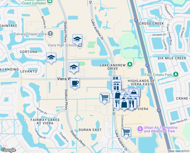map of restaurants, bars, coffee shops, grocery stores, and more near 2580 Judge Fran Jamieson Way in Melbourne