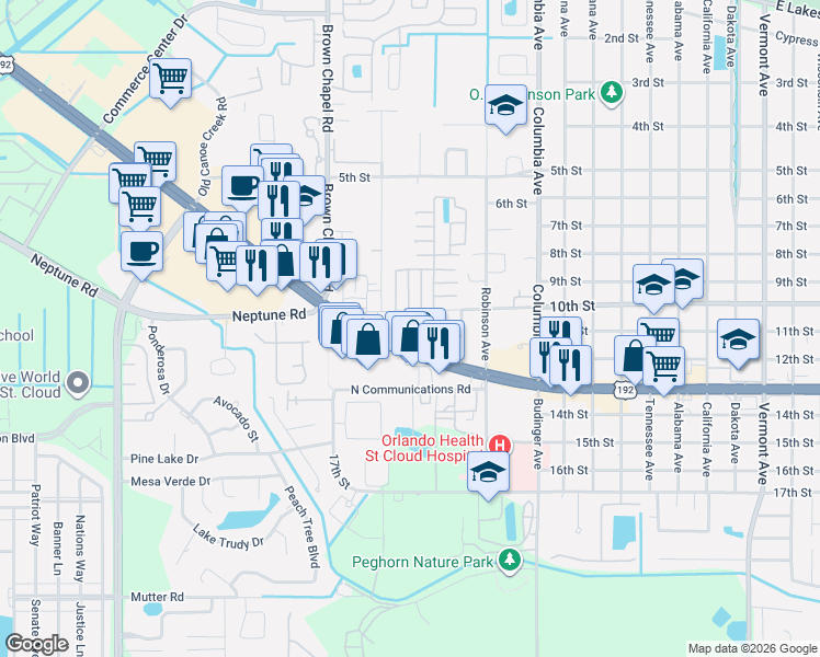 map of restaurants, bars, coffee shops, grocery stores, and more near 1012 Maple Avenue in St. Cloud