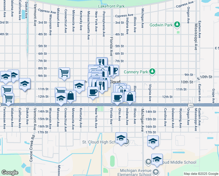map of restaurants, bars, coffee shops, grocery stores, and more near 1118 11th Street in St. Cloud