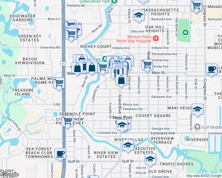 map of restaurants, bars, coffee shops, grocery stores, and more near 5650 Montana Avenue in New Port Richey