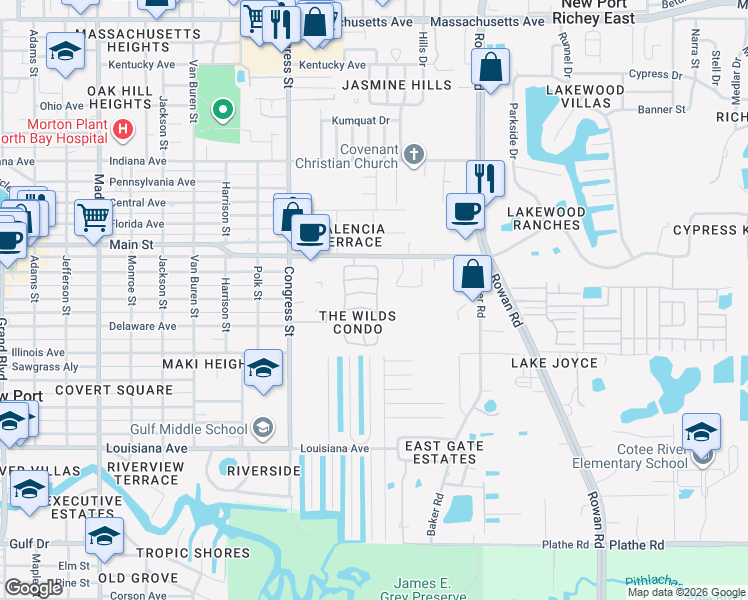 map of restaurants, bars, coffee shops, grocery stores, and more near 6125 Wilds Drive in New Port Richey