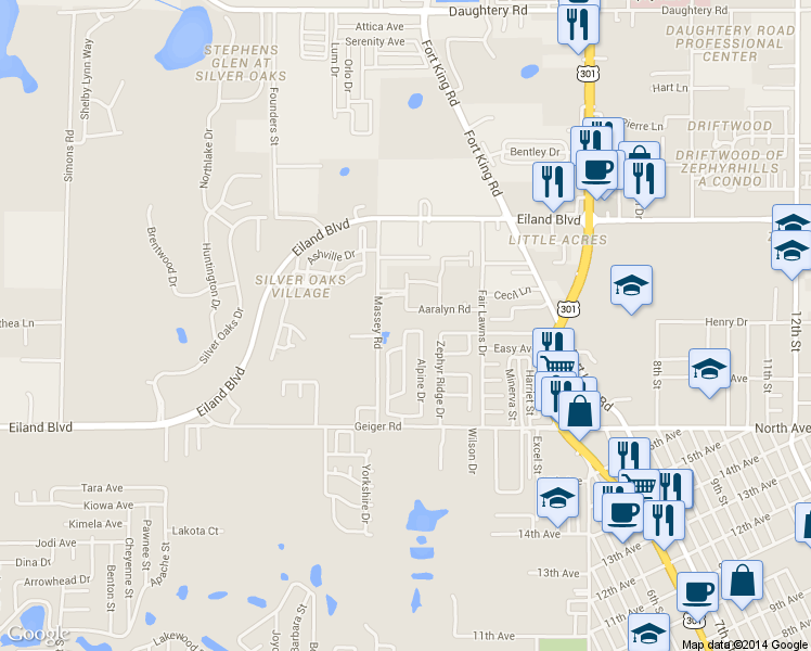 map of restaurants, bars, coffee shops, grocery stores, and more near 6223 Crestview Lane in Zephyrhills