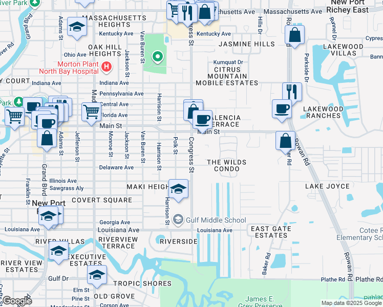 map of restaurants, bars, coffee shops, grocery stores, and more near 6120 Congress Street in New Port Richey
