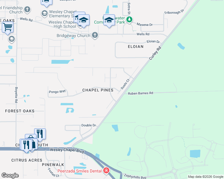 map of restaurants, bars, coffee shops, grocery stores, and more near 6234 Chapel Pines Boulevard in Wesley Chapel