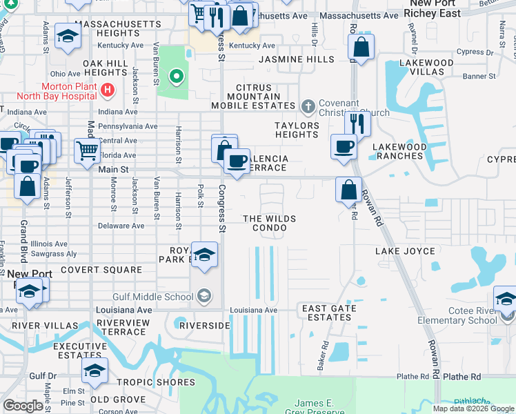 map of restaurants, bars, coffee shops, grocery stores, and more near 6129 Elmhurst Drive in New Port Richey