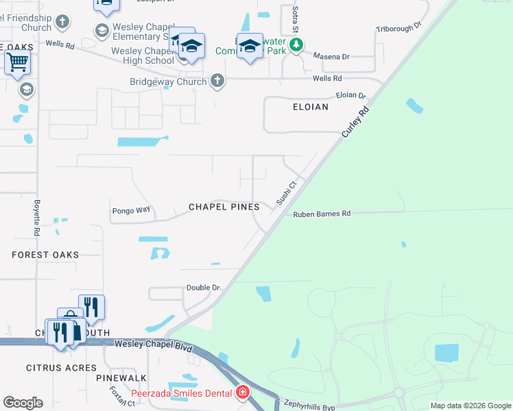 map of restaurants, bars, coffee shops, grocery stores, and more near 6234 Chapel Pines Boulevard in Wesley Chapel