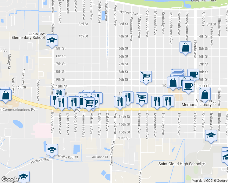 map of restaurants, bars, coffee shops, grocery stores, and more near 1024 Vermont Avenue in St. Cloud