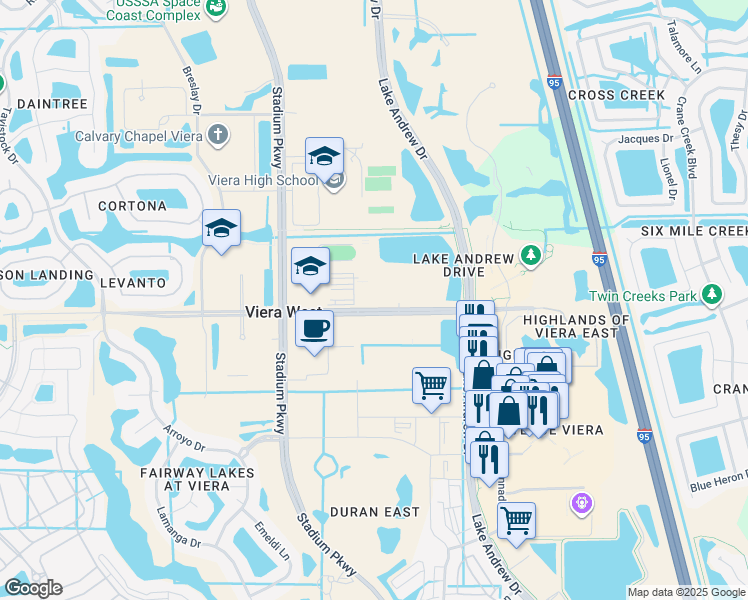 map of restaurants, bars, coffee shops, grocery stores, and more near 2580 Judge Fran Jamieson Way in Melbourne