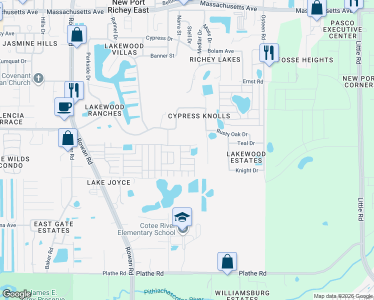 map of restaurants, bars, coffee shops, grocery stores, and more near 7551 Cadiz Avenue in New Port Richey
