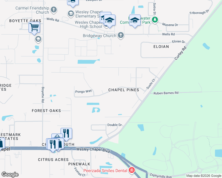 map of restaurants, bars, coffee shops, grocery stores, and more near 30555 Birdhouse Drive in Wesley Chapel
