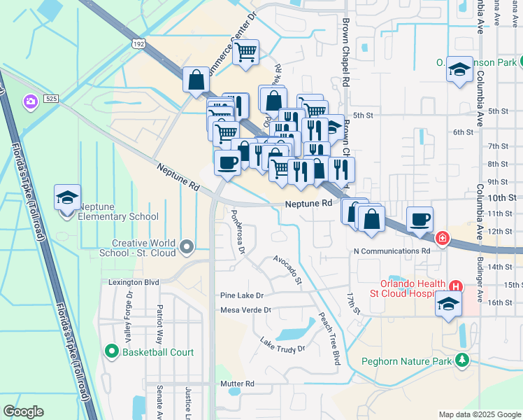 map of restaurants, bars, coffee shops, grocery stores, and more near 4501 Neptune Road in Saint Cloud