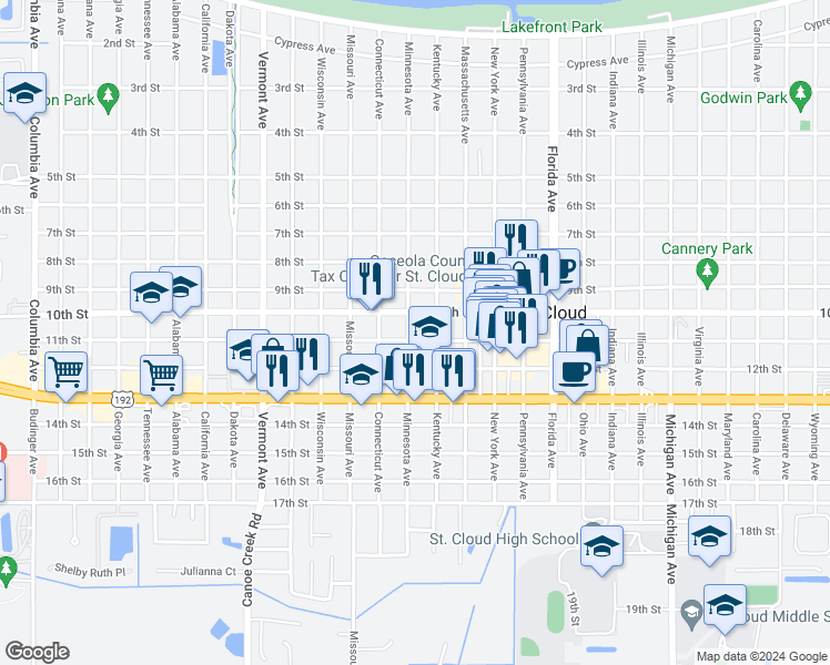 map of restaurants, bars, coffee shops, grocery stores, and more near 1023 Minnesota Avenue in Saint Cloud