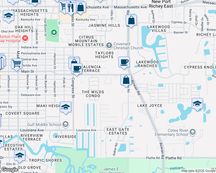 map of restaurants, bars, coffee shops, grocery stores, and more near 6135 Canopy Oaks Court in New Port Richey