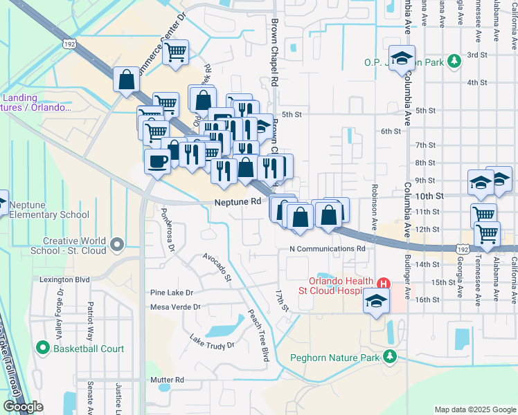 map of restaurants, bars, coffee shops, grocery stores, and more near 4103 Neptune Road in St. Cloud