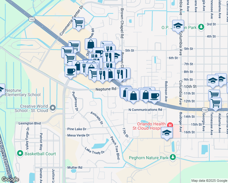 map of restaurants, bars, coffee shops, grocery stores, and more near 4103 Neptune Road in St. Cloud