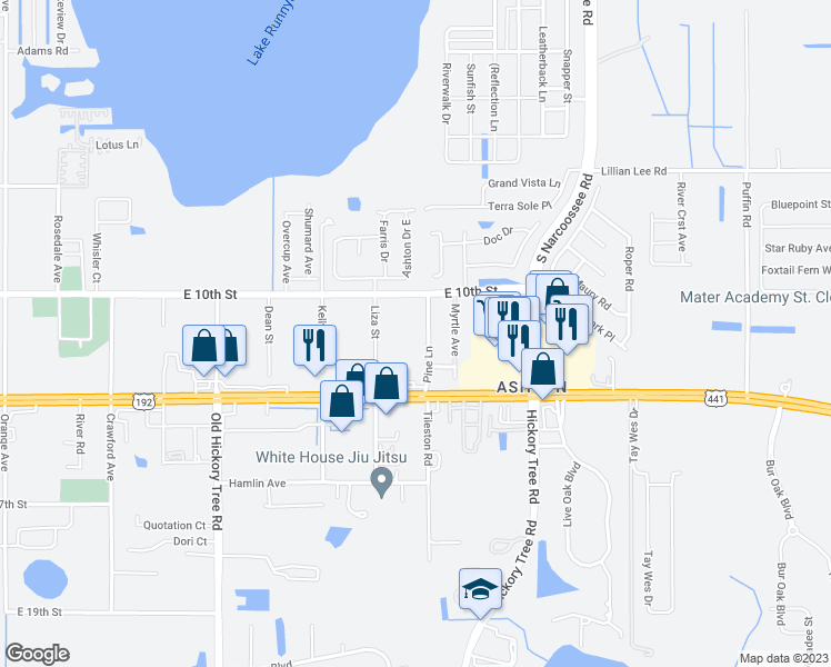map of restaurants, bars, coffee shops, grocery stores, and more near 1082 Pine Lane in Saint Cloud