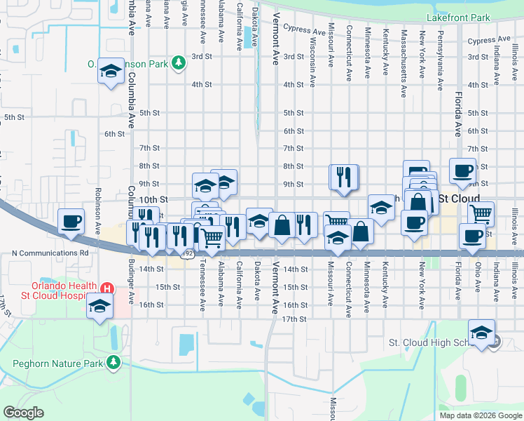 map of restaurants, bars, coffee shops, grocery stores, and more near 1019 Dakota Avenue in Saint Cloud
