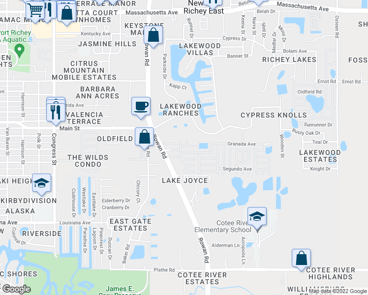 map of restaurants, bars, coffee shops, grocery stores, and more near 7200 Amora Avenue in New Port Richey