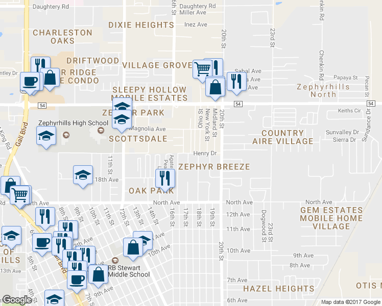 map of restaurants, bars, coffee shops, grocery stores, and more near 5042 Connecticut Street in Zephyrhills